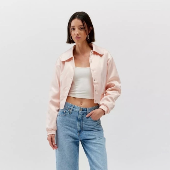 Urban Outfitters Sally Satin Cropped Bomber Jacket - Pink - Size Medium - Picture 2 of 15
